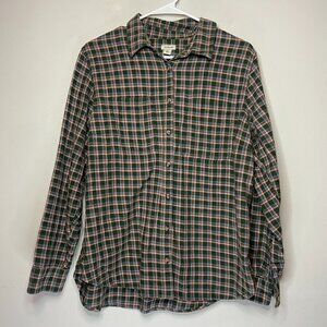 LL Bean Women M Flannel Button Up Shirt Green Plaid Chore Outdoor Warm Layer Top